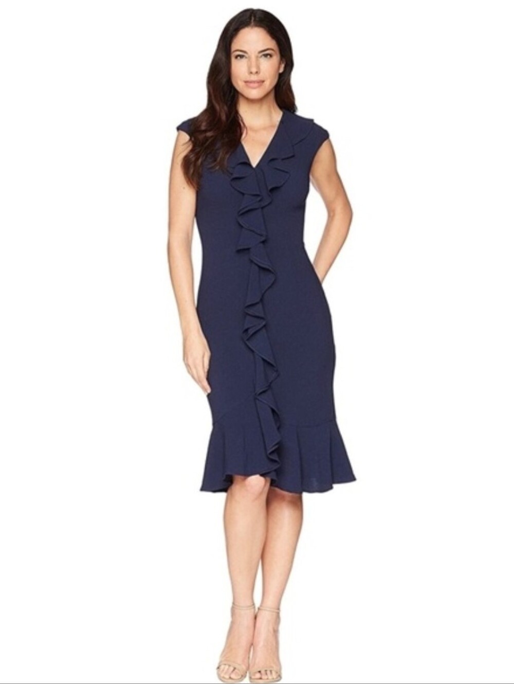 Maggy London Navy Ruffle Sheath Midi Dress - Size 14